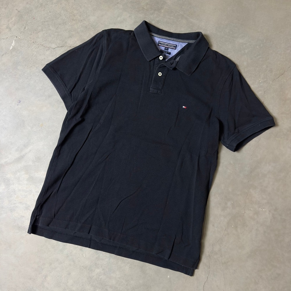Tommy Hilfiger Polo Shirt Mens XL Navy Blue Slim Fit 40s Two Ply Cotton Preppy